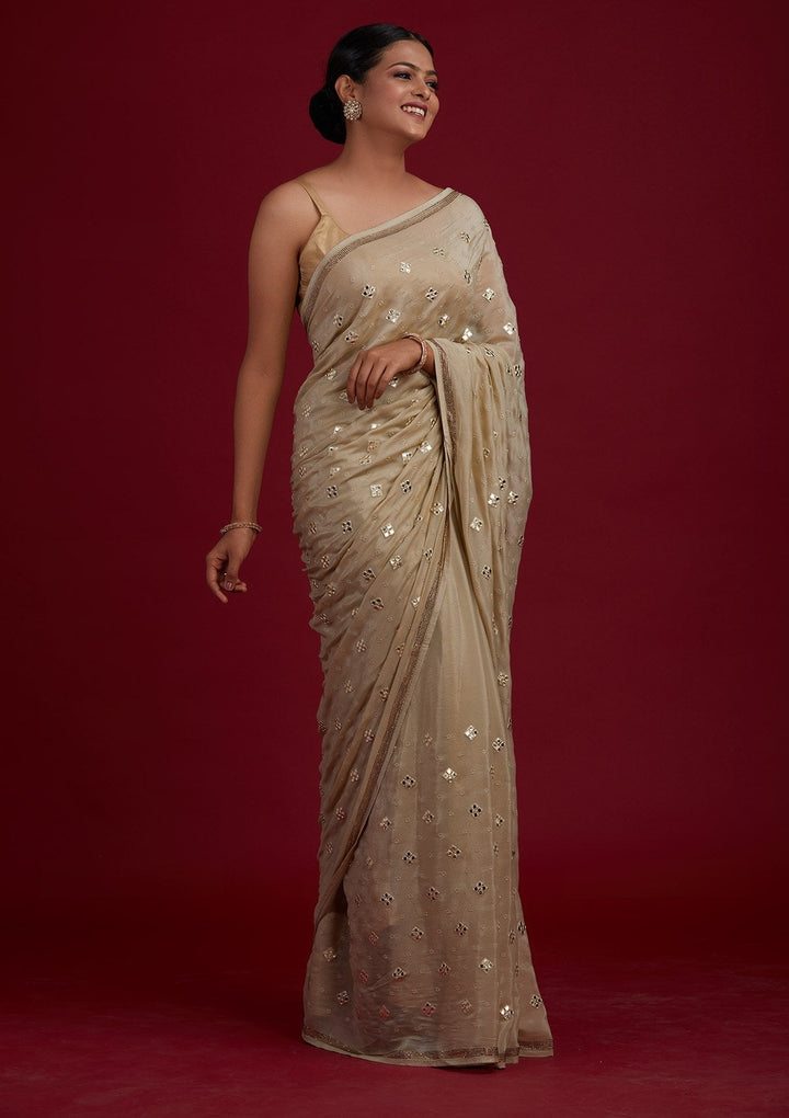 Pista Green Swarovski Semi Crepe Designer Saree - Koskii
