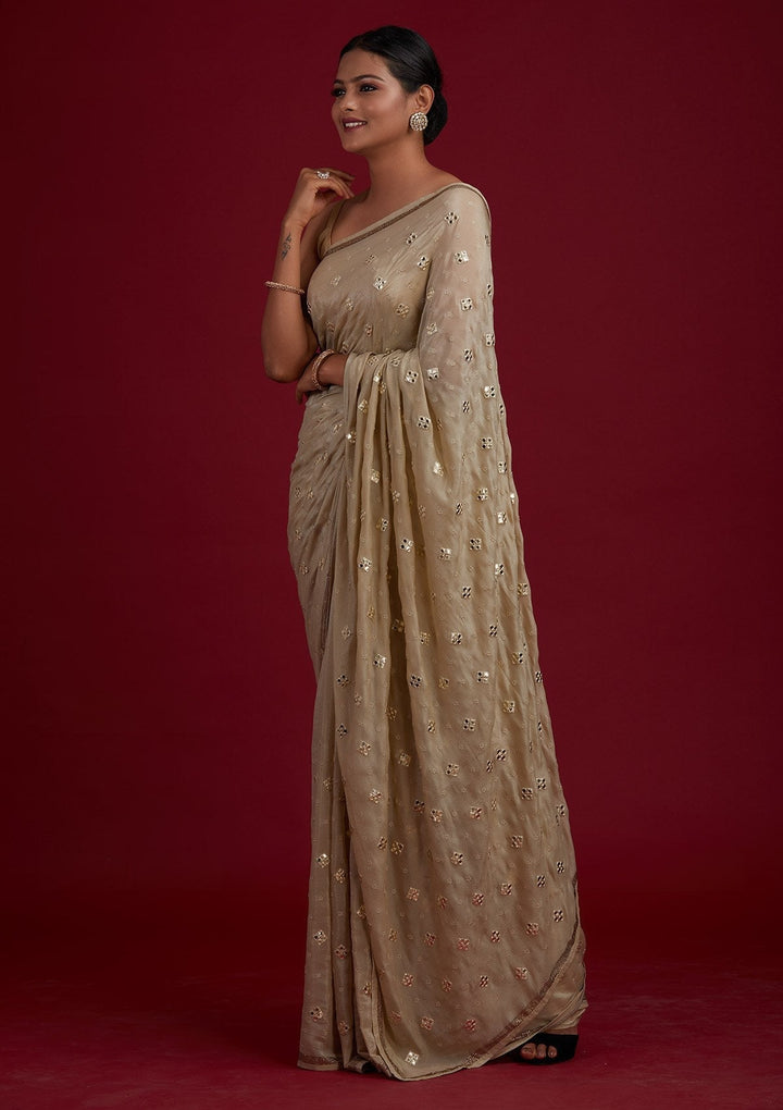 Pista Green Swarovski Semi Crepe Designer Saree - Koskii