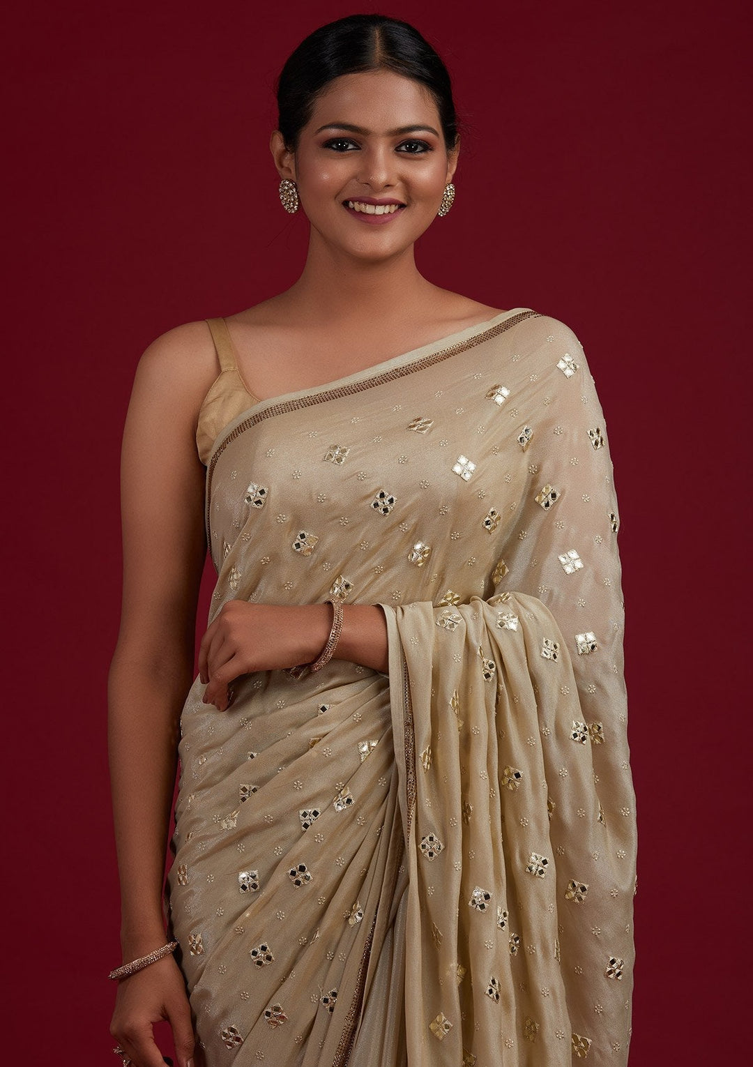 Pista Green Swarovski Semi Crepe Designer Saree - Koskii
