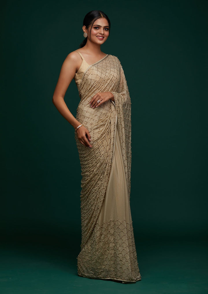 Pista Green Swarovski Shimmer Designer Saree - Koskii