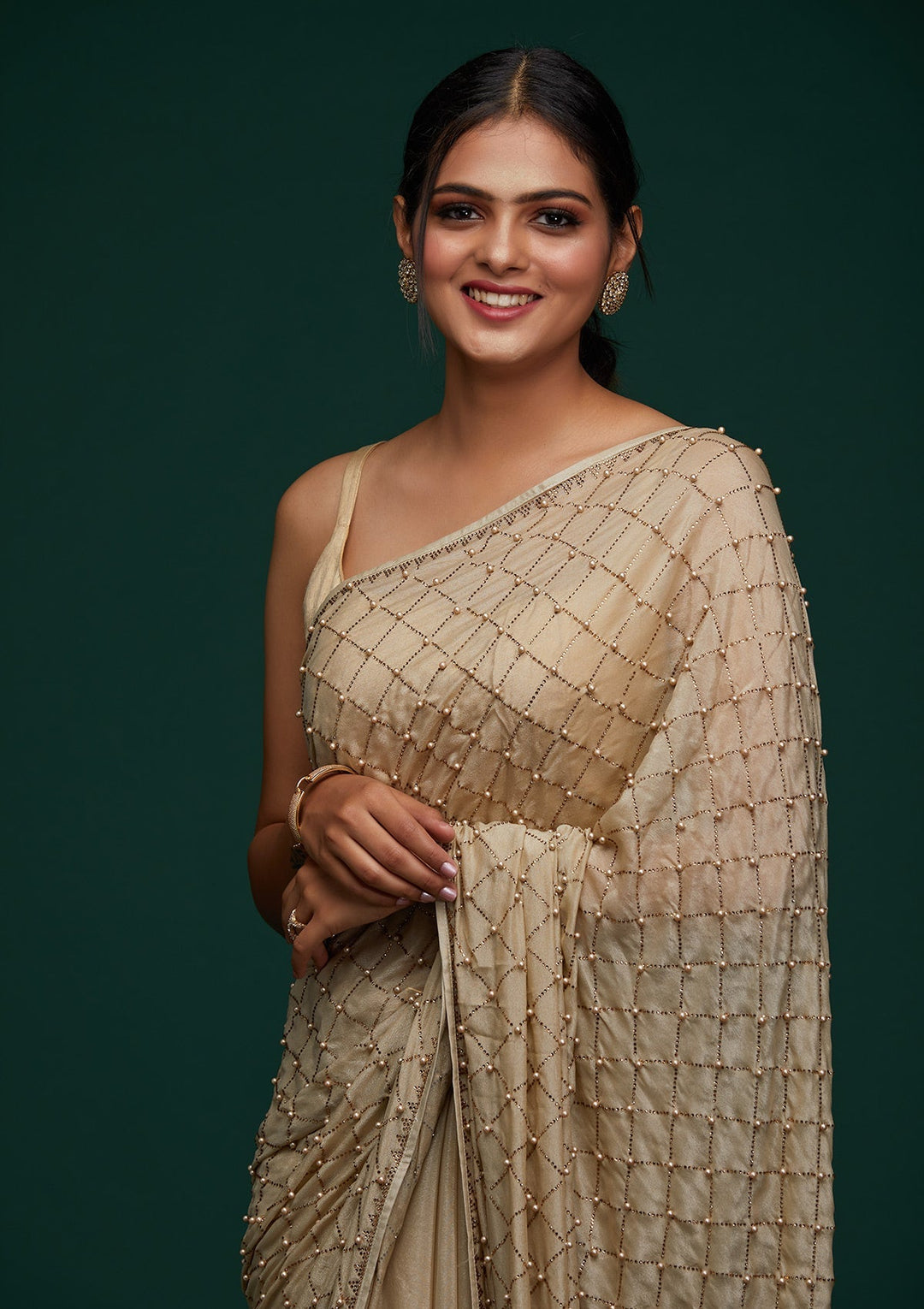 Pista Green Swarovski Shimmer Designer Saree - Koskii