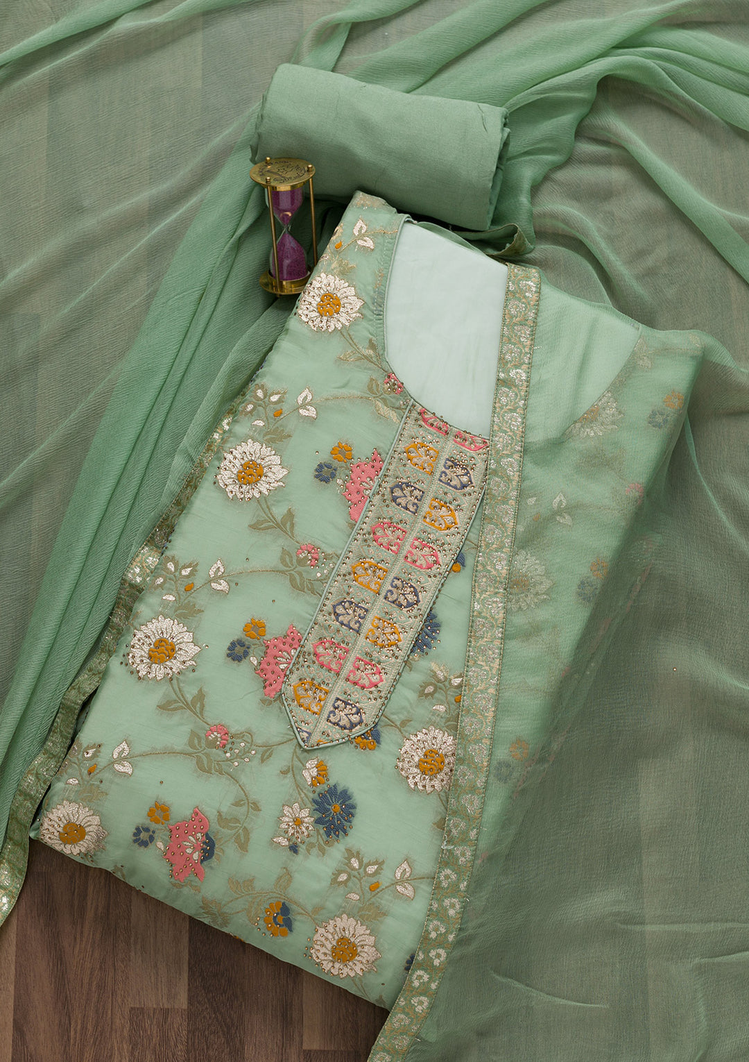 Pista Green Tissue Swarovski Unstitched Salwar Kameez-Koskii