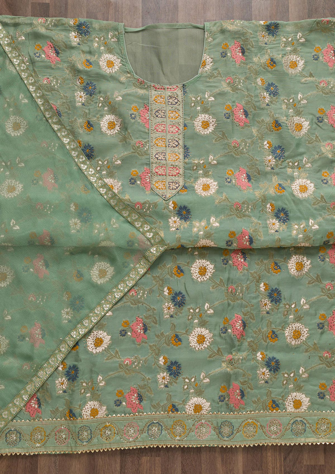Pista Green Tissue Swarovski Unstitched Salwar Suit-koskii