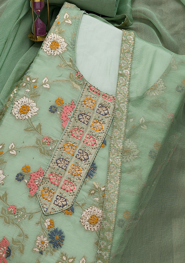 Pista Green Tissue Swarovski Unstitched Salwar Suit-koskii