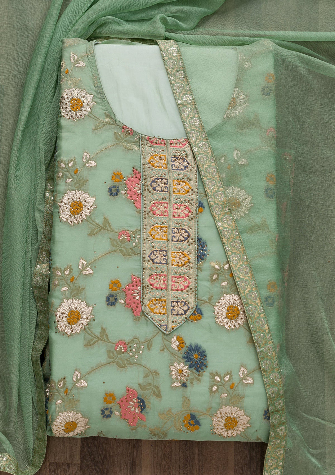 Pista Green Tissue Swarovski Unstitched Salwar Suit-koskii