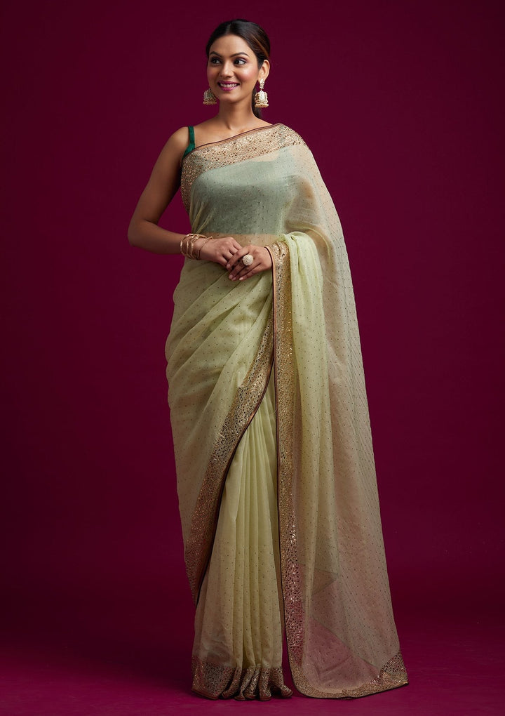 Pista Green Swarovski Tissue Designer Saree - koskii