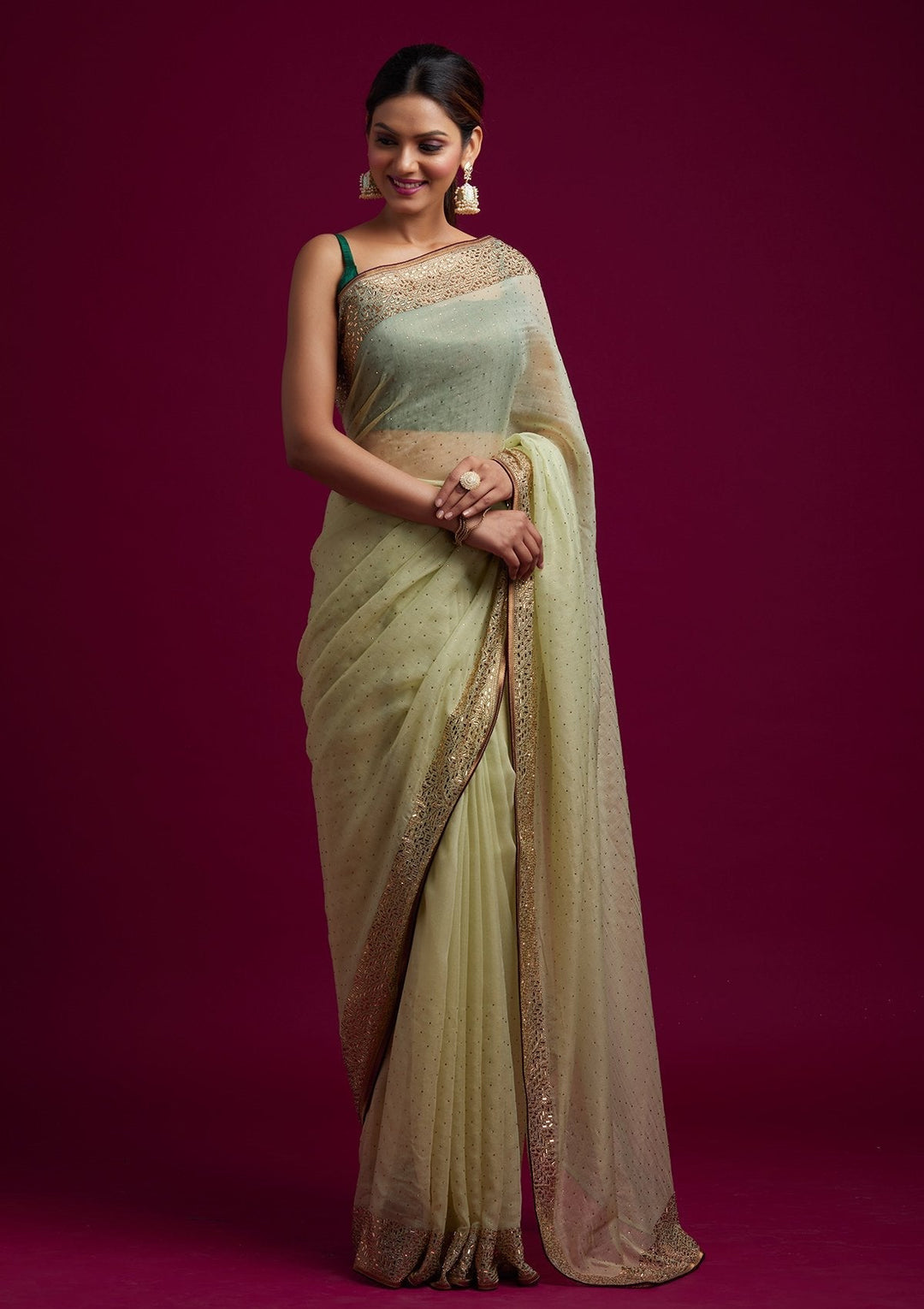 Pista Green Swarovski Tissue Designer Saree - koskii