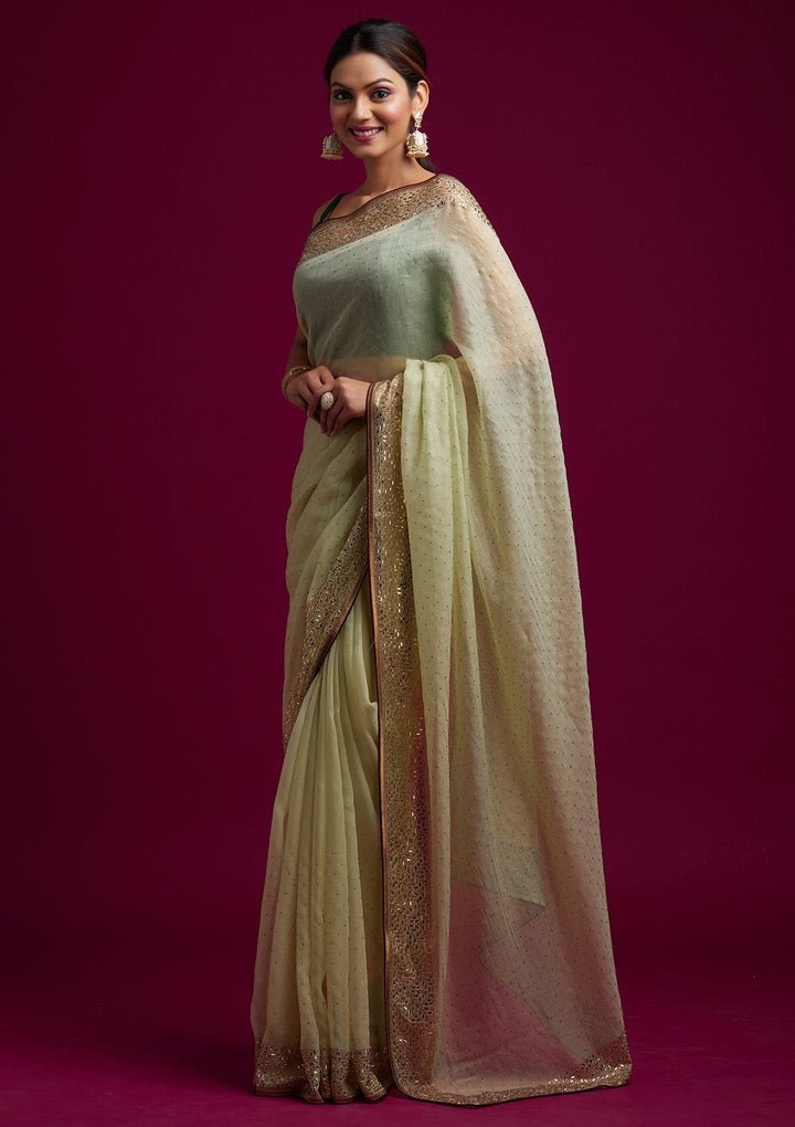 Pista Green Swarovski Tissue Designer Saree - koskii