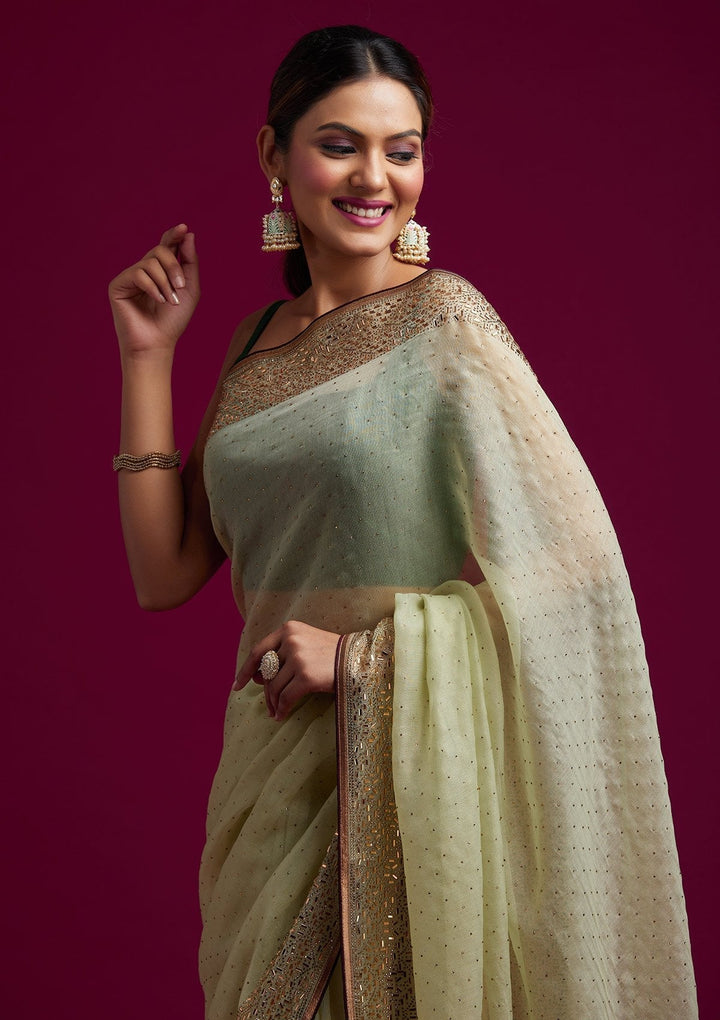 Pista Green Swarovski Tissue Designer Saree - koskii