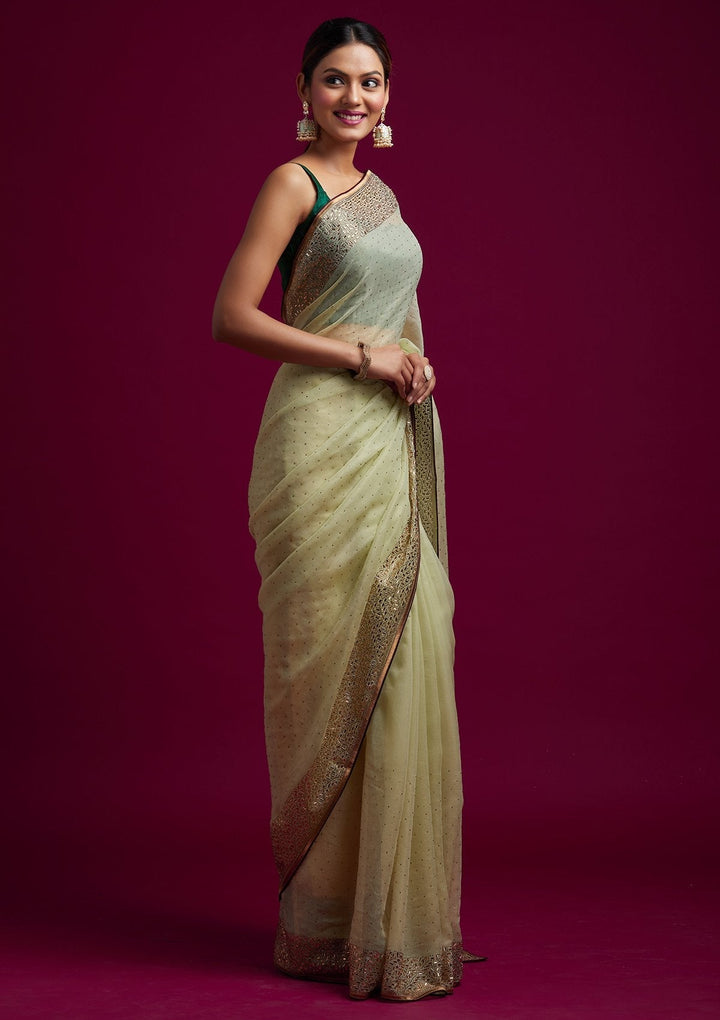 Pista Green Swarovski Tissue Designer Saree - koskii