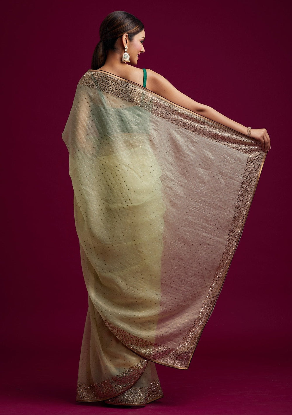 Pista Green Swarovski Tissue Designer Saree - koskii
