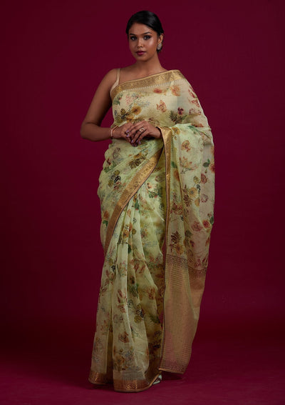 Pista Green Swarovski Tissue Designer Saree - Koskii