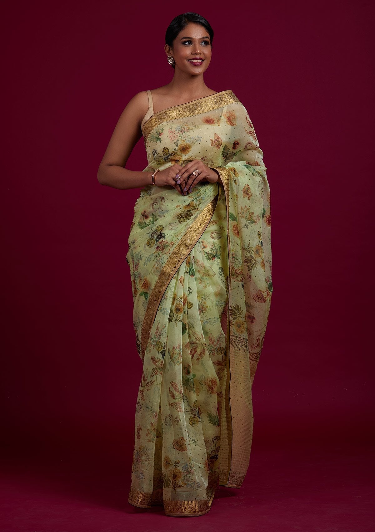 Pista Green Swarovski Tissue Designer Saree - Koskii