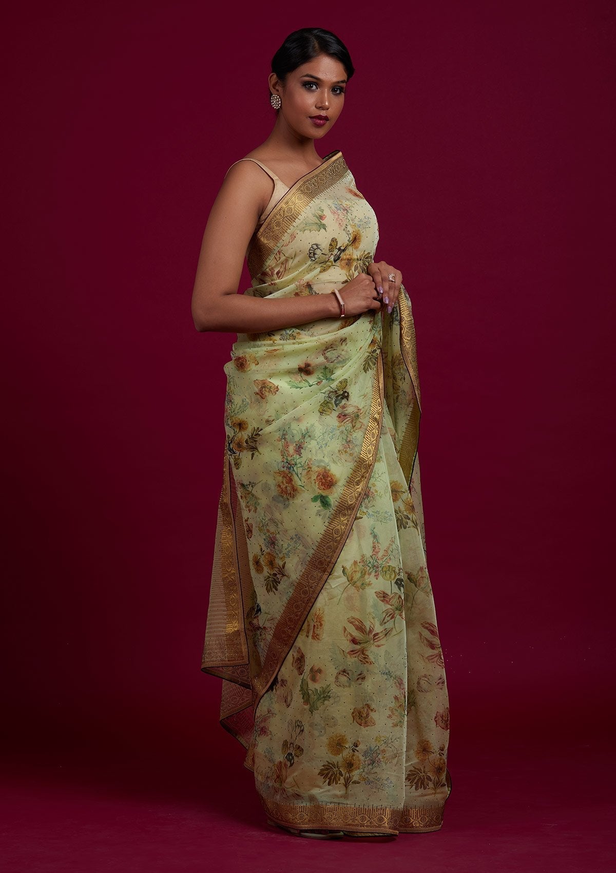 Pista Green Swarovski Tissue Designer Saree - Koskii