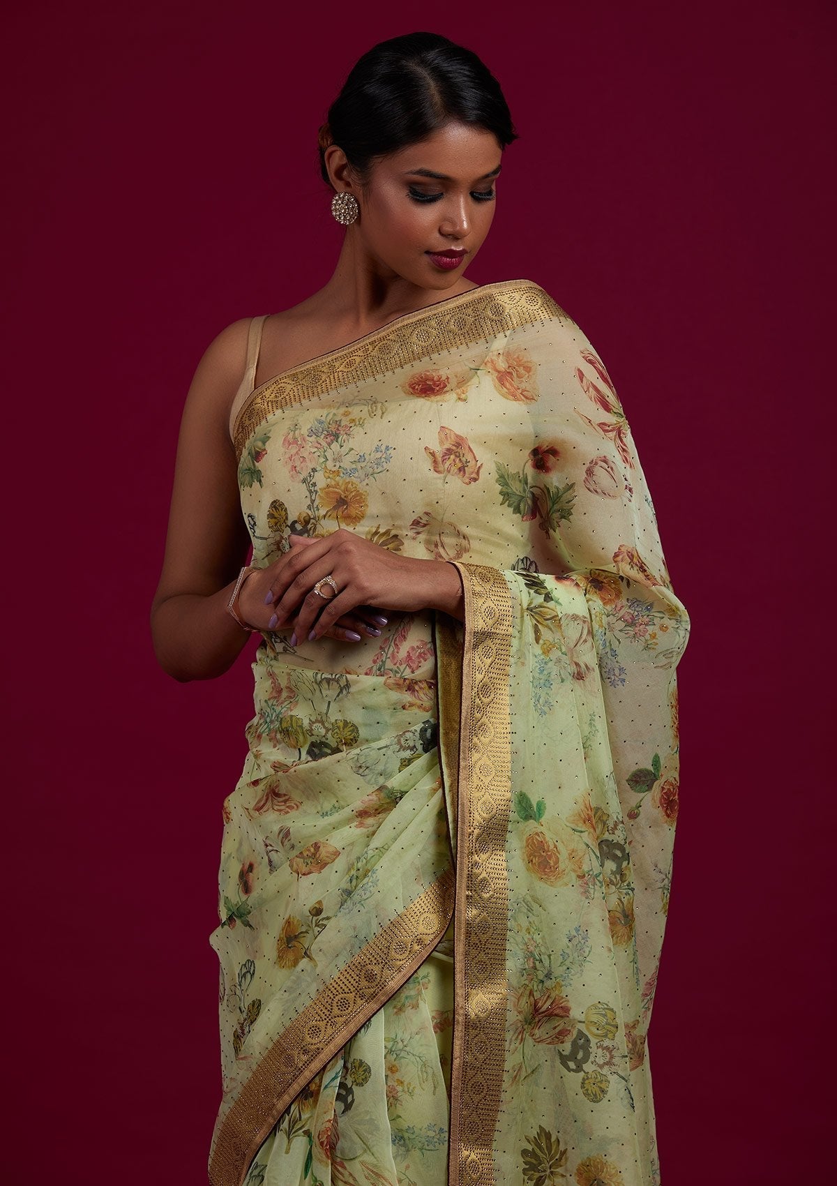 Pista Green Swarovski Tissue Designer Saree - Koskii