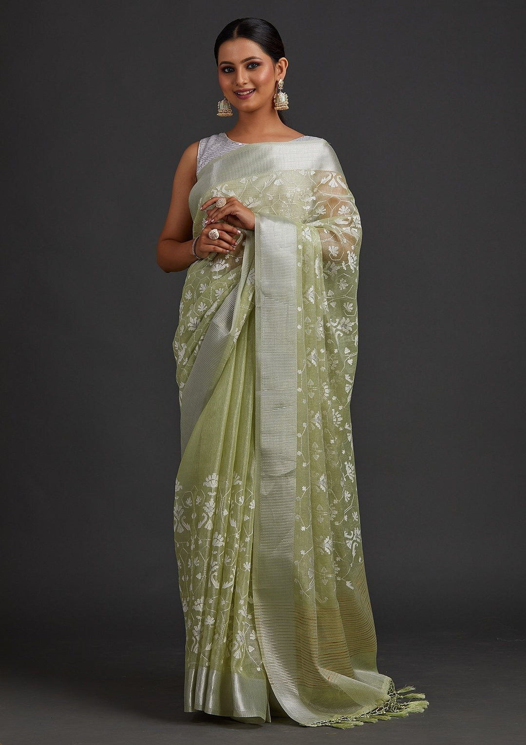 Pista Green Threadwork Art Silk Designer Saree - koskii