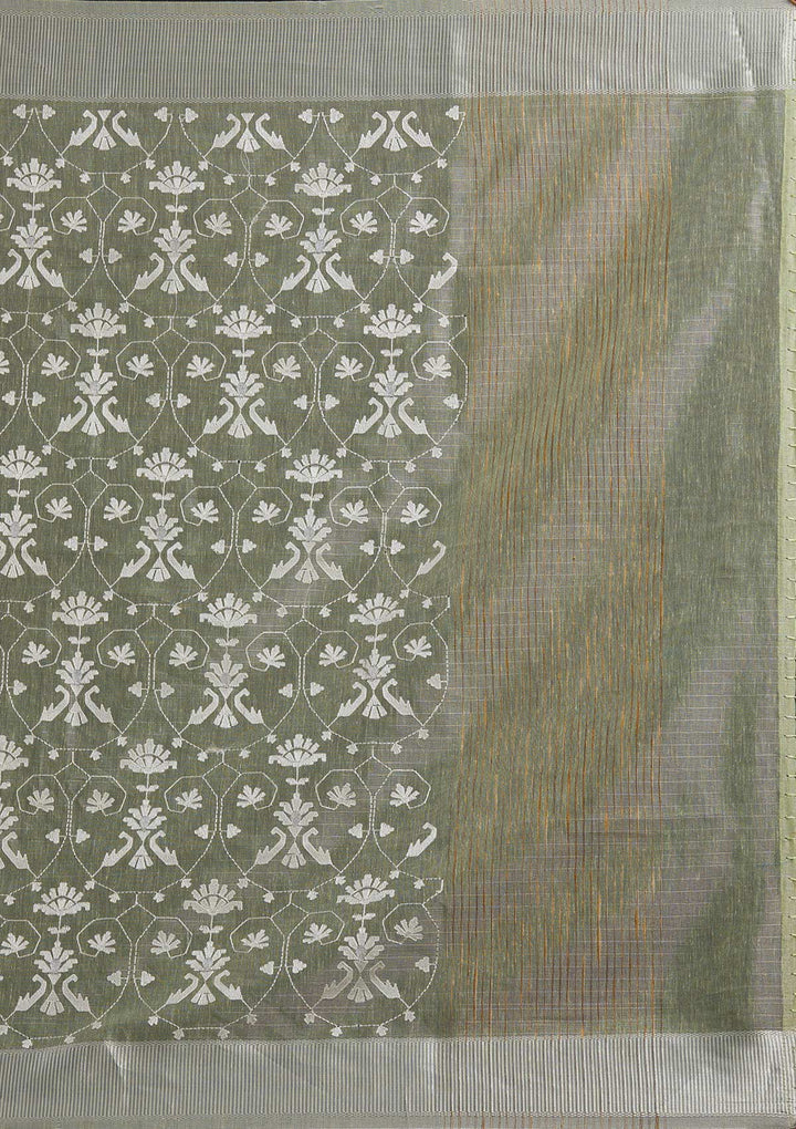 Pista Green Threadwork Art Silk Designer Saree - koskii