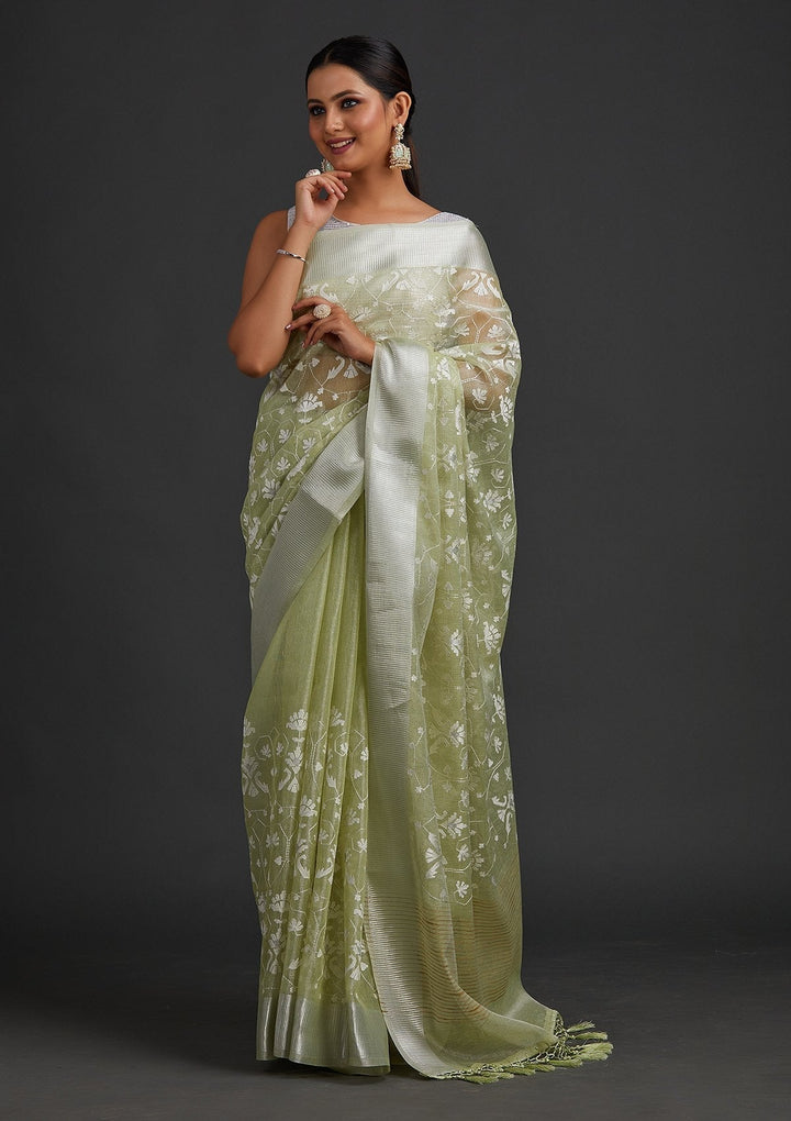 Pista Green Threadwork Art Silk Designer Saree - koskii