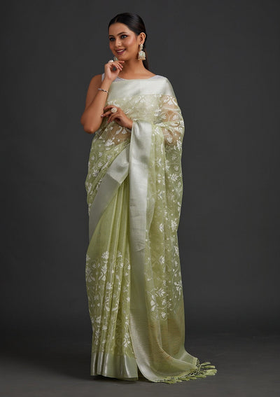 Pista Green Threadwork Art Silk Designer Saree - koskii