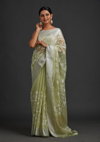 Pista Green Threadwork Art Silk Designer Saree - koskii