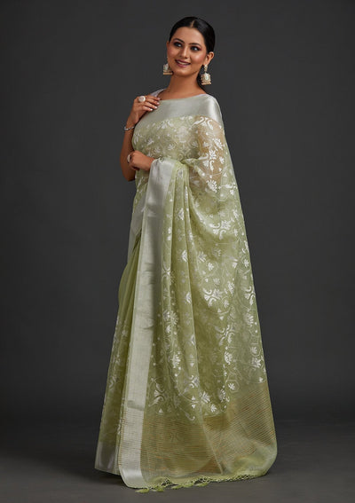 Pista Green Threadwork Art Silk Designer Saree - koskii