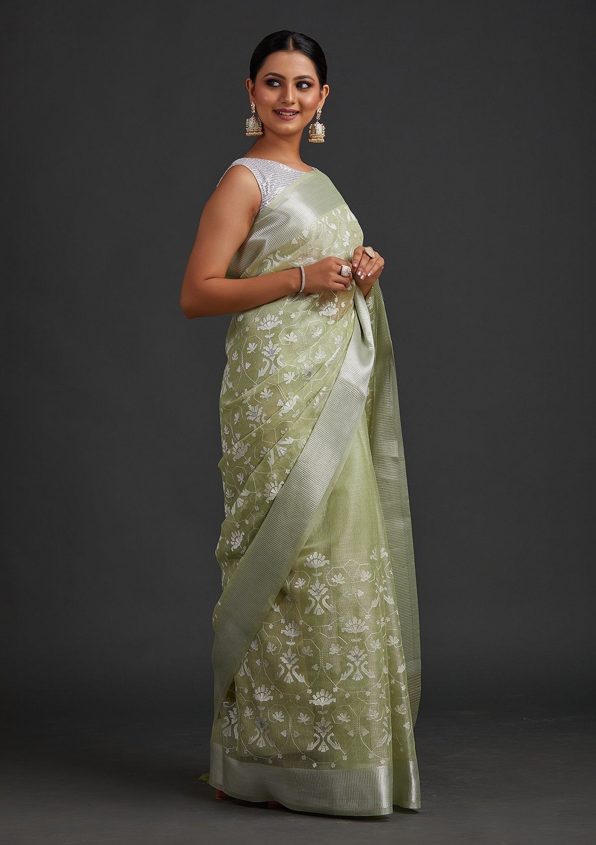 Pista Green Threadwork Art Silk Designer Saree - koskii