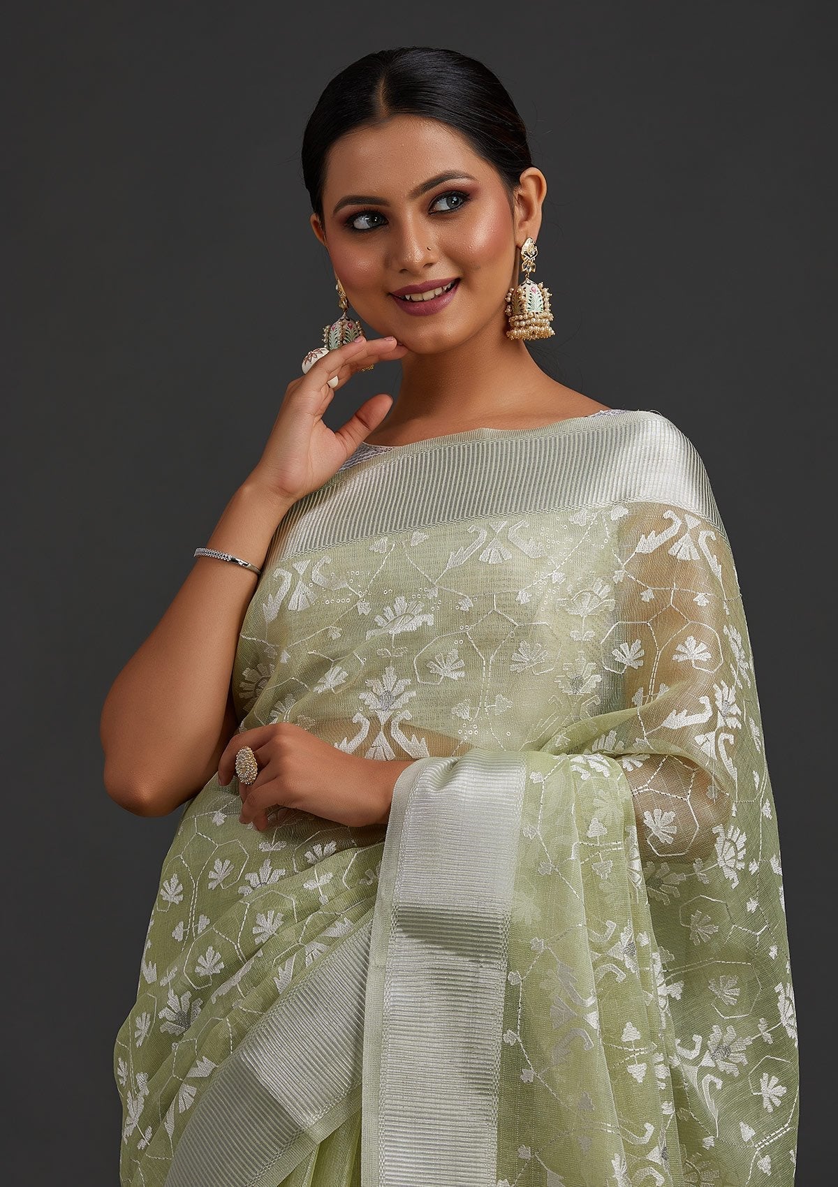 Pista Green Threadwork Art Silk Designer Saree - koskii