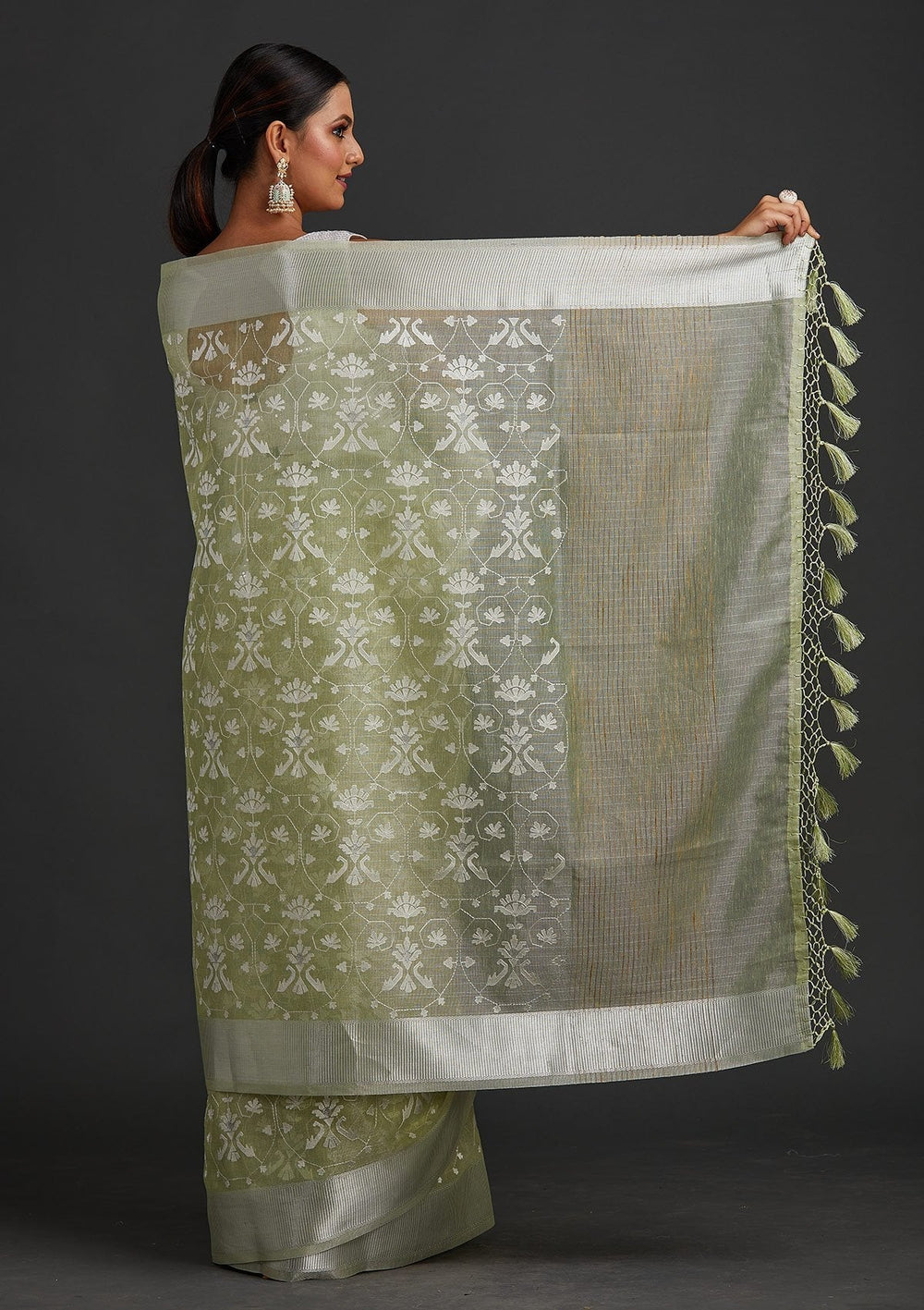 Pista Green Threadwork Art Silk Designer Saree - koskii