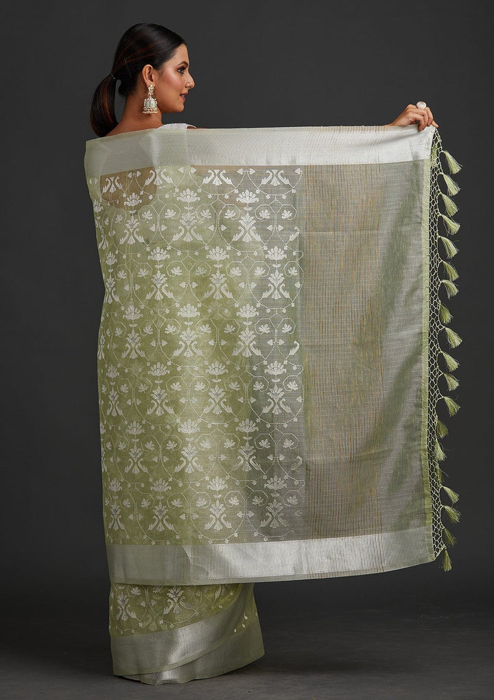 Pista Green Threadwork Art Silk Designer Saree - koskii