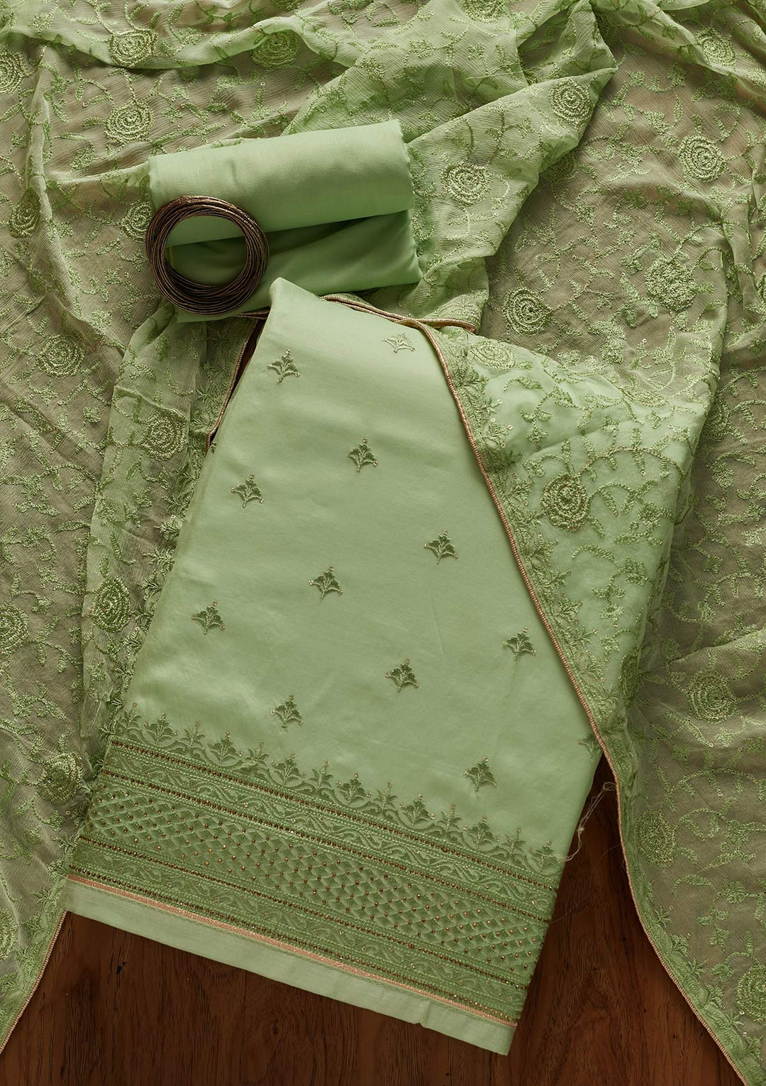 Pista Green Threadwork Chanderi Designer Unstitched Salwar Suit - koskii