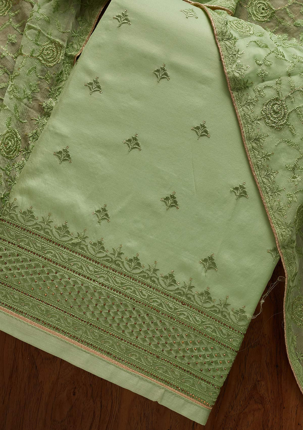 Pista Green Threadwork Chanderi Designer Unstitched Salwar Suit - koskii