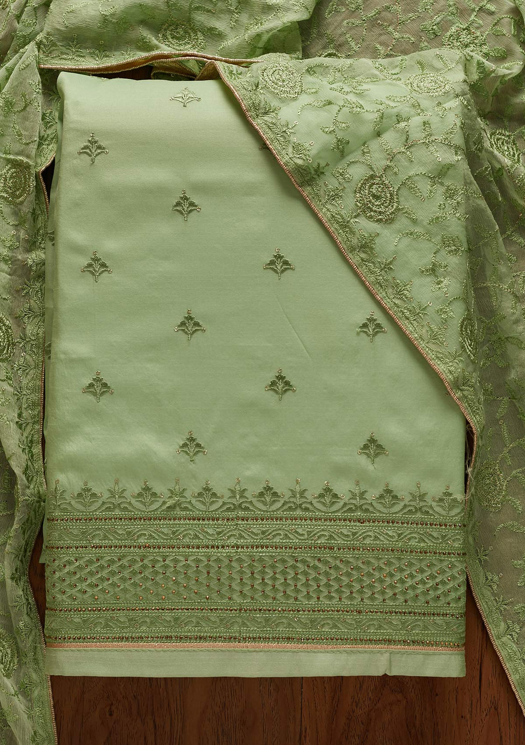 Pista Green Threadwork Chanderi Designer Unstitched Salwar Suit - koskii