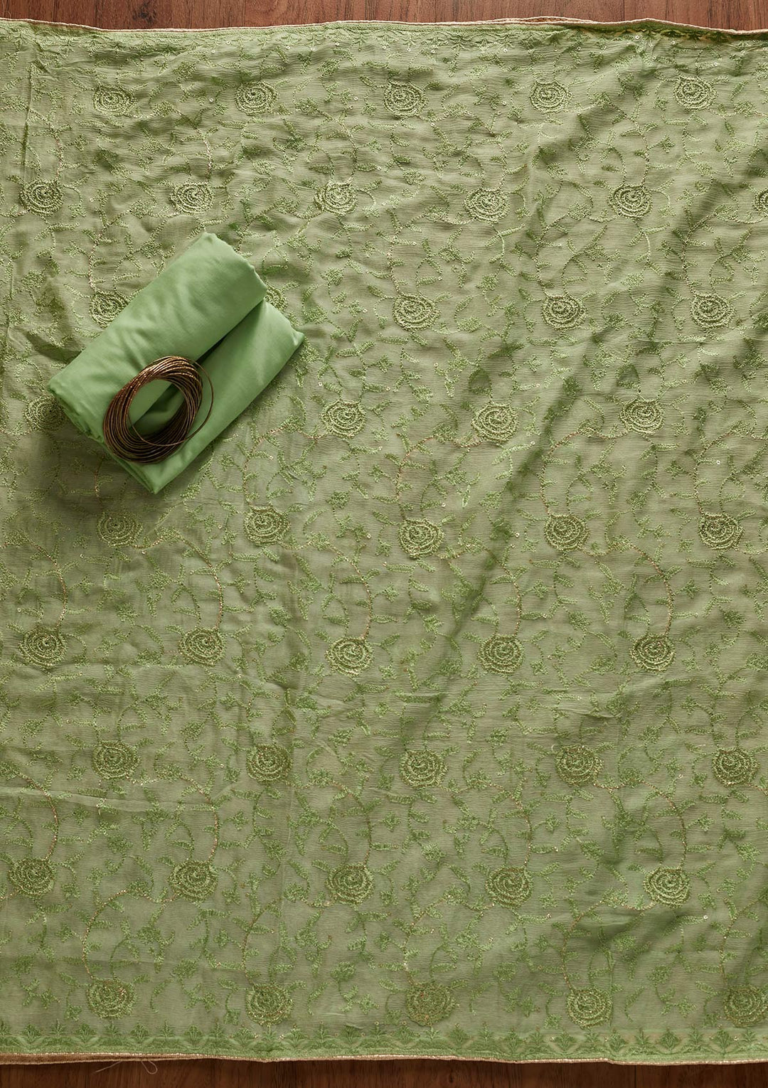 Pista Green Threadwork Chanderi Designer Unstitched Salwar Suit - koskii