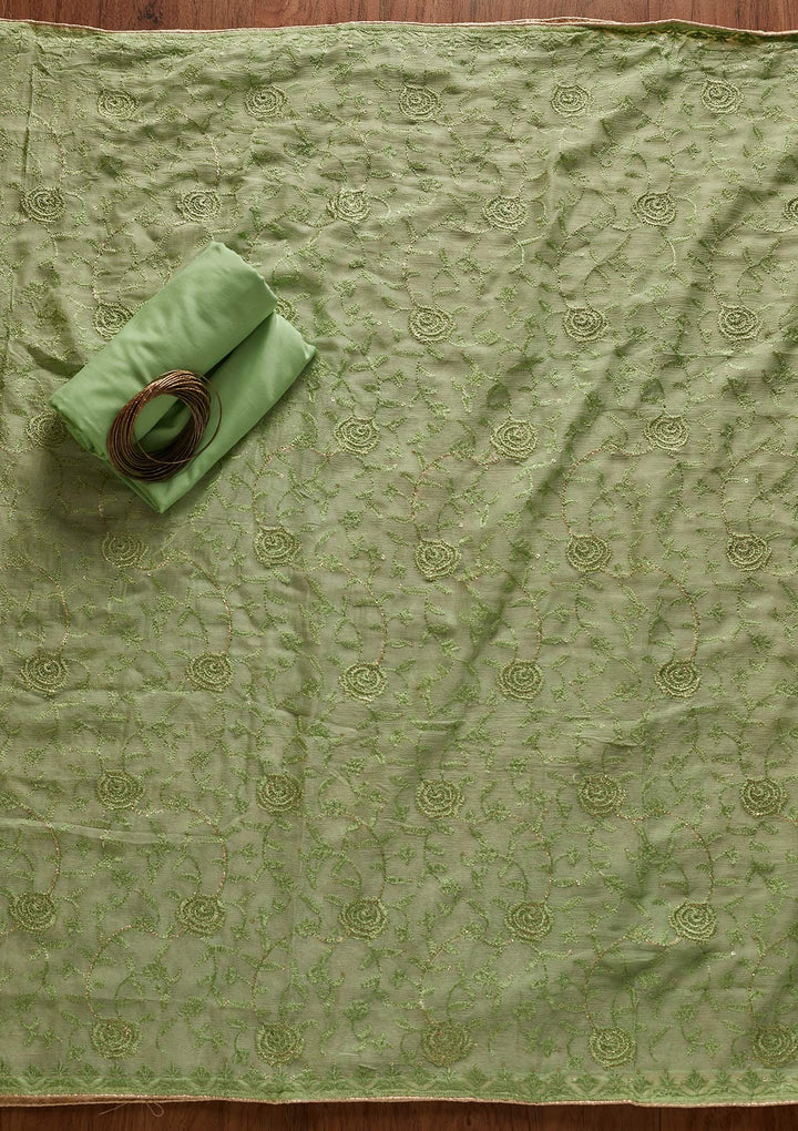 Pista Green Threadwork Chanderi Designer Unstitched Salwar Suit - koskii