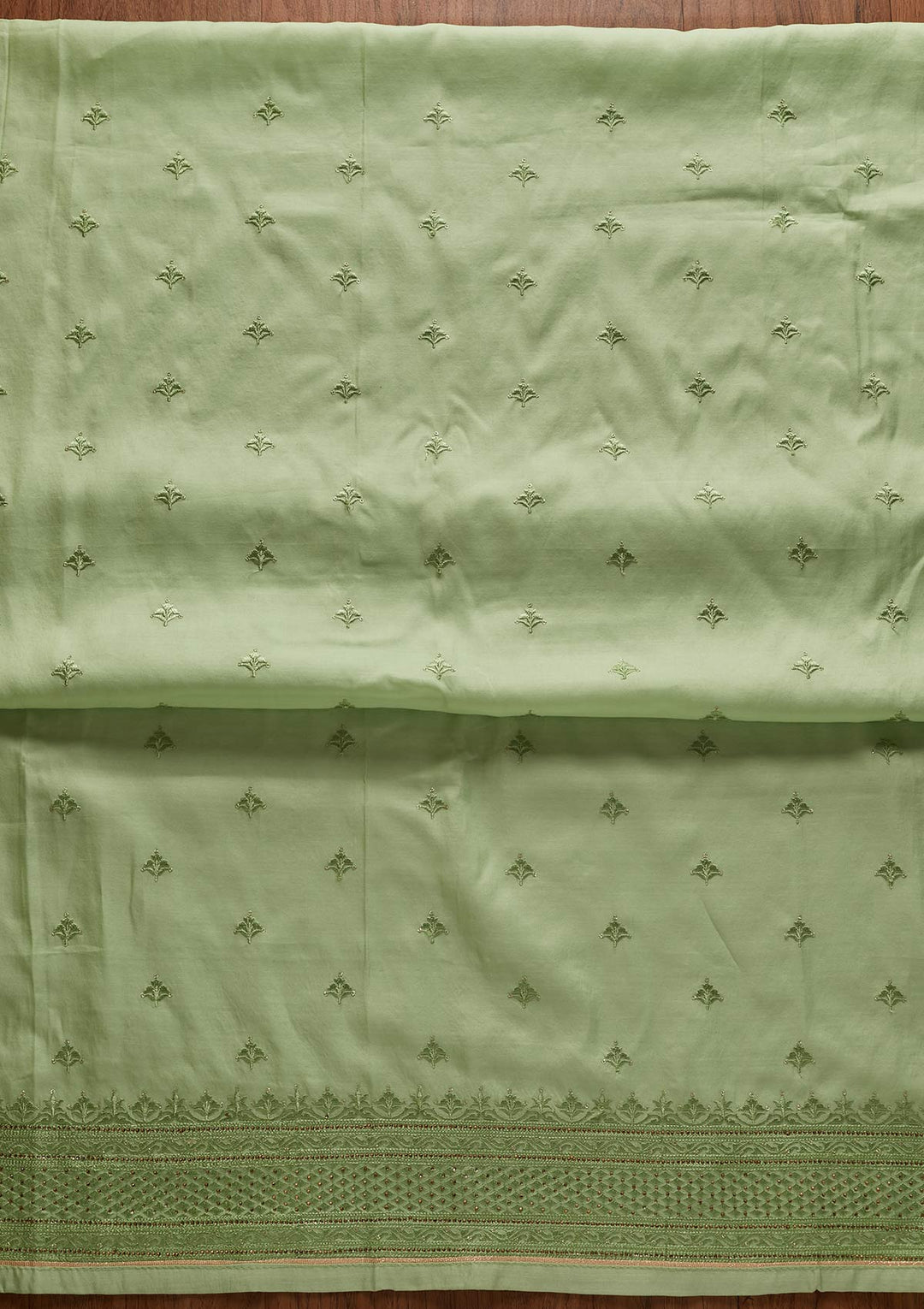Pista Green Threadwork Chanderi Designer Unstitched Salwar Suit - koskii