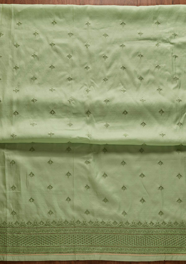 Pista Green Threadwork Chanderi Designer Unstitched Salwar Suit - koskii