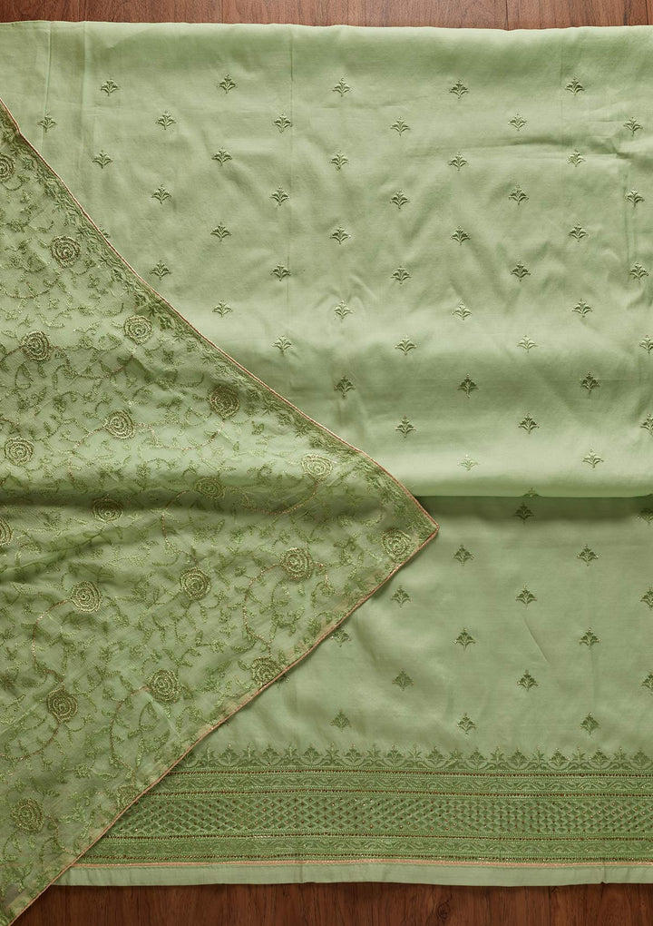 Pista Green Threadwork Chanderi Designer Unstitched Salwar Suit - koskii