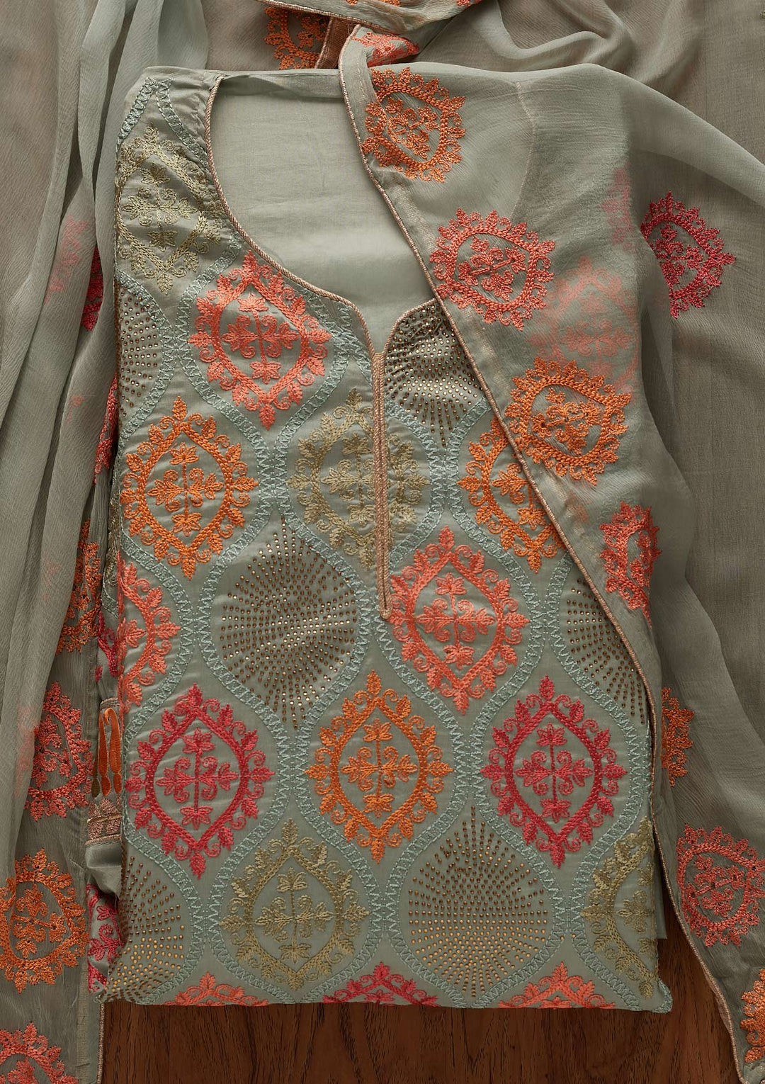 Pista Green Threadwork Chanderi Designer Unstitched Salwar Suit - Koskii