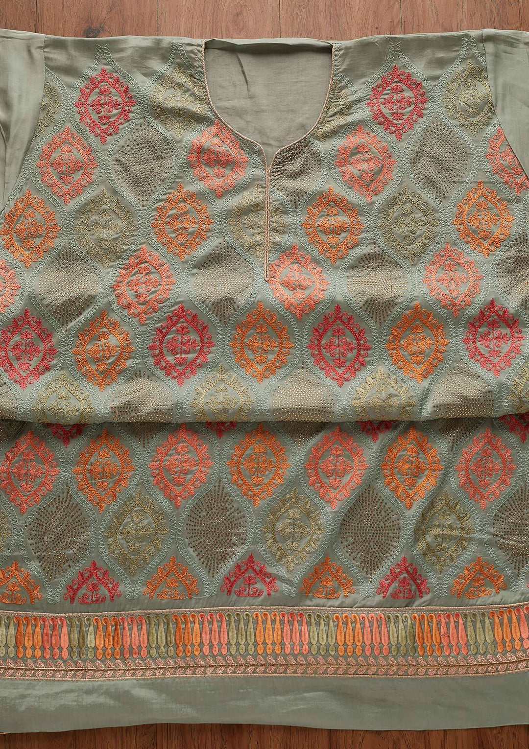 Pista Green Threadwork Chanderi Designer Unstitched Salwar Suit - Koskii