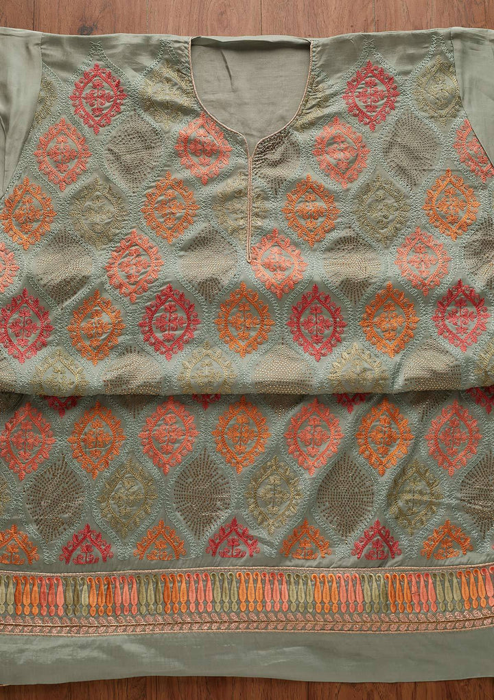 Pista Green Threadwork Chanderi Designer Unstitched Salwar Suit - Koskii