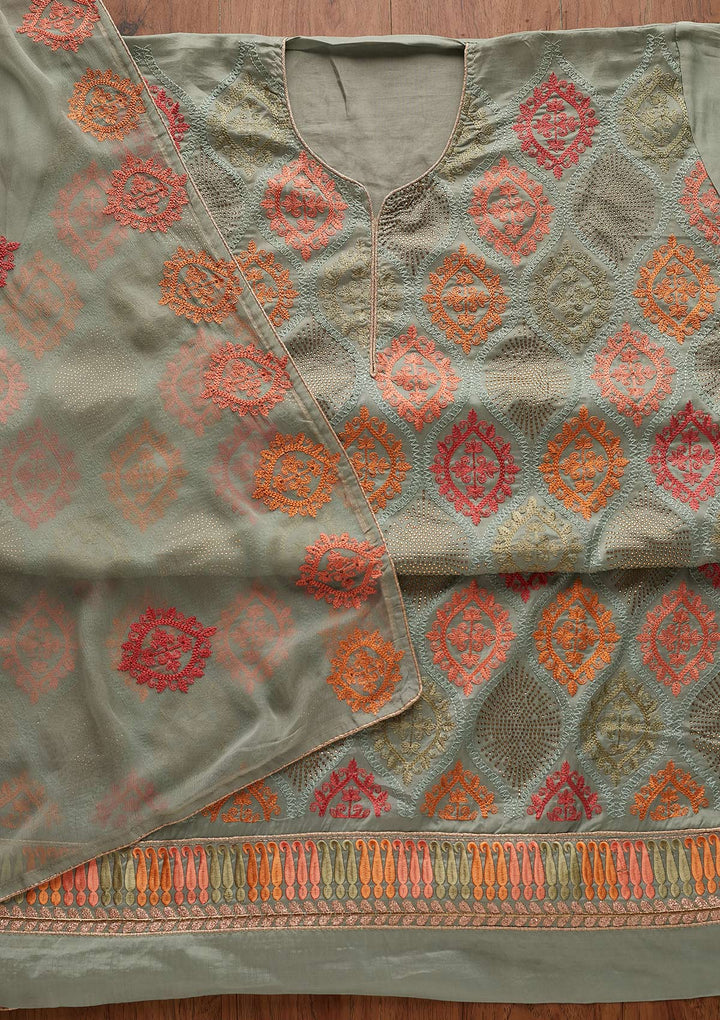 Pista Green Threadwork Chanderi Designer Unstitched Salwar Suit - Koskii