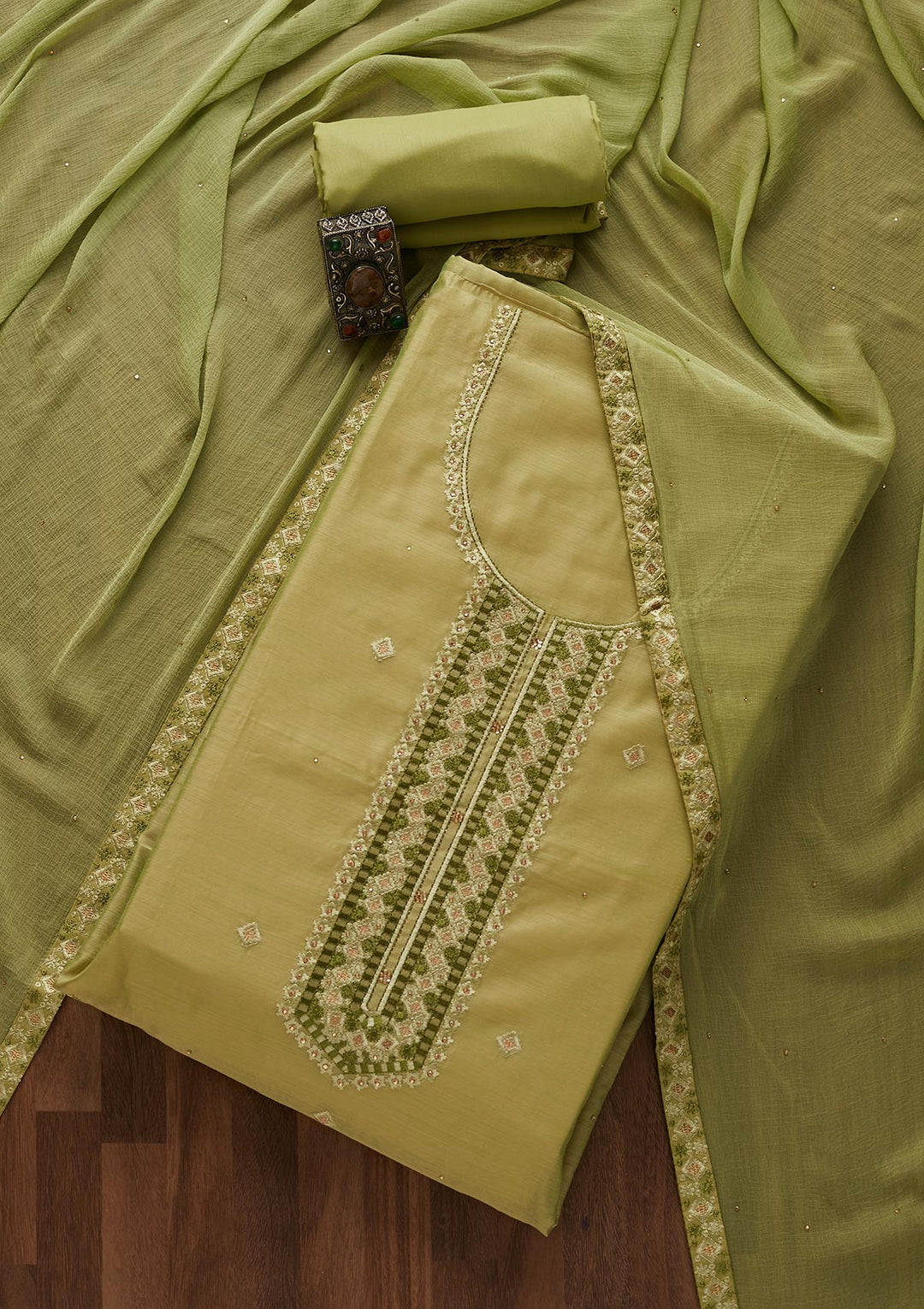 Pista Green Threadwork Chanderi Designer Unstitched Salwar Suit - Koskii