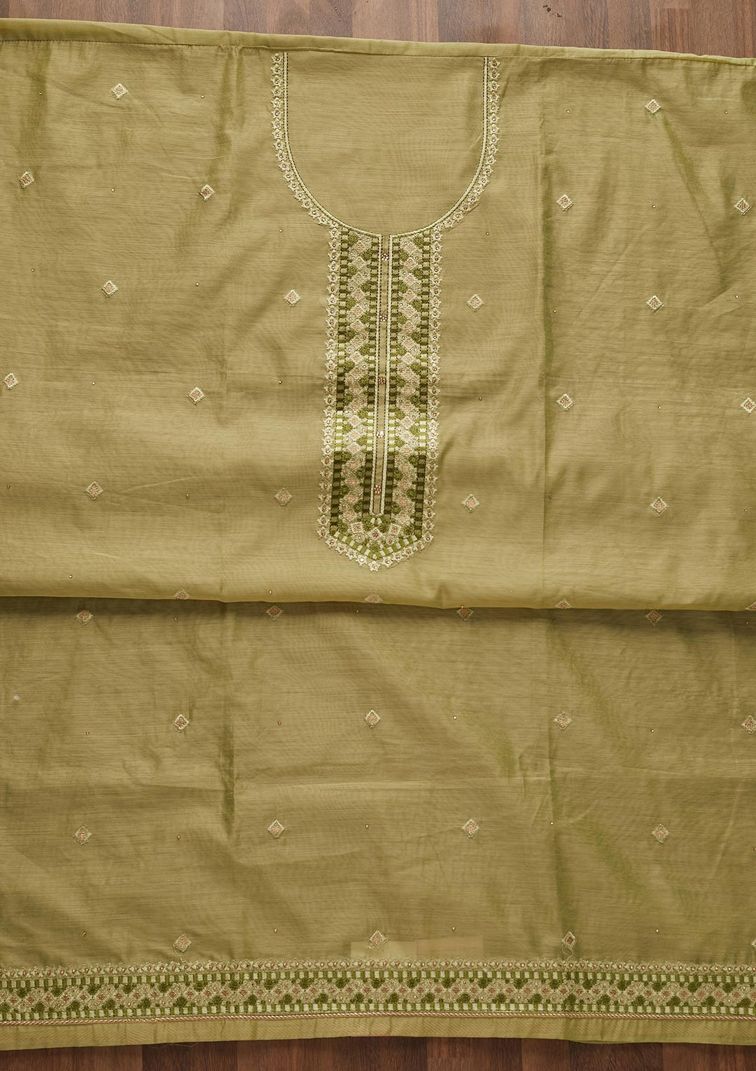 Pista Green Threadwork Chanderi Designer Unstitched Salwar Suit - Koskii