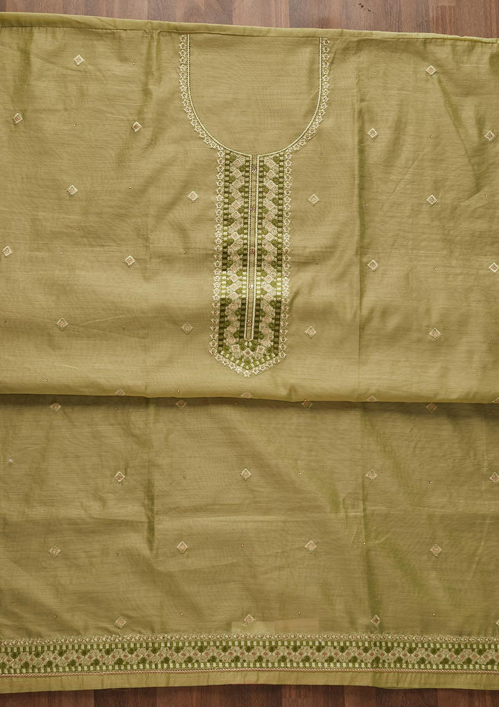 Pista Green Threadwork Chanderi Designer Unstitched Salwar Suit - Koskii
