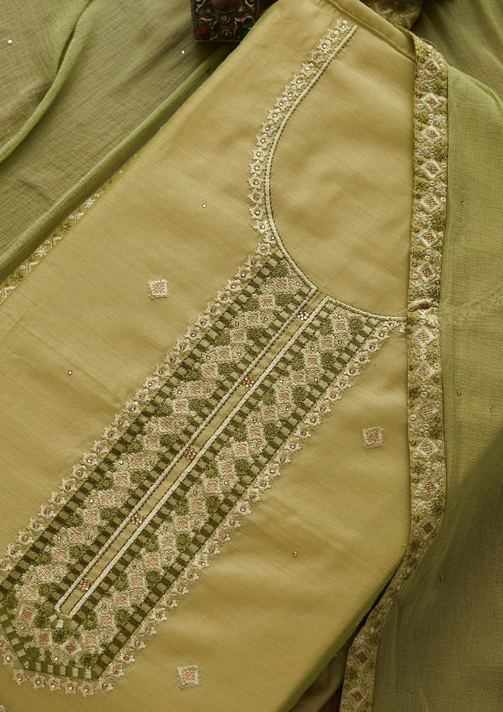 Pista Green Threadwork Chanderi Designer Unstitched Salwar Suit - Koskii