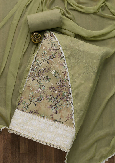 Pista Green Threadwork Chiffon Unstitched Salwar Suit-Koskii