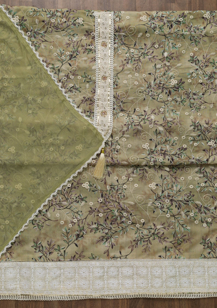 Pista Green Threadwork Chiffon Unstitched Salwar Suit-Koskii
