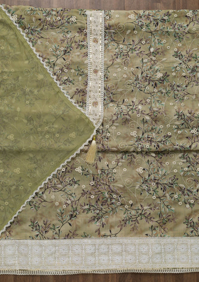 Pista Green Threadwork Chiffon Unstitched Salwar Suit-Koskii