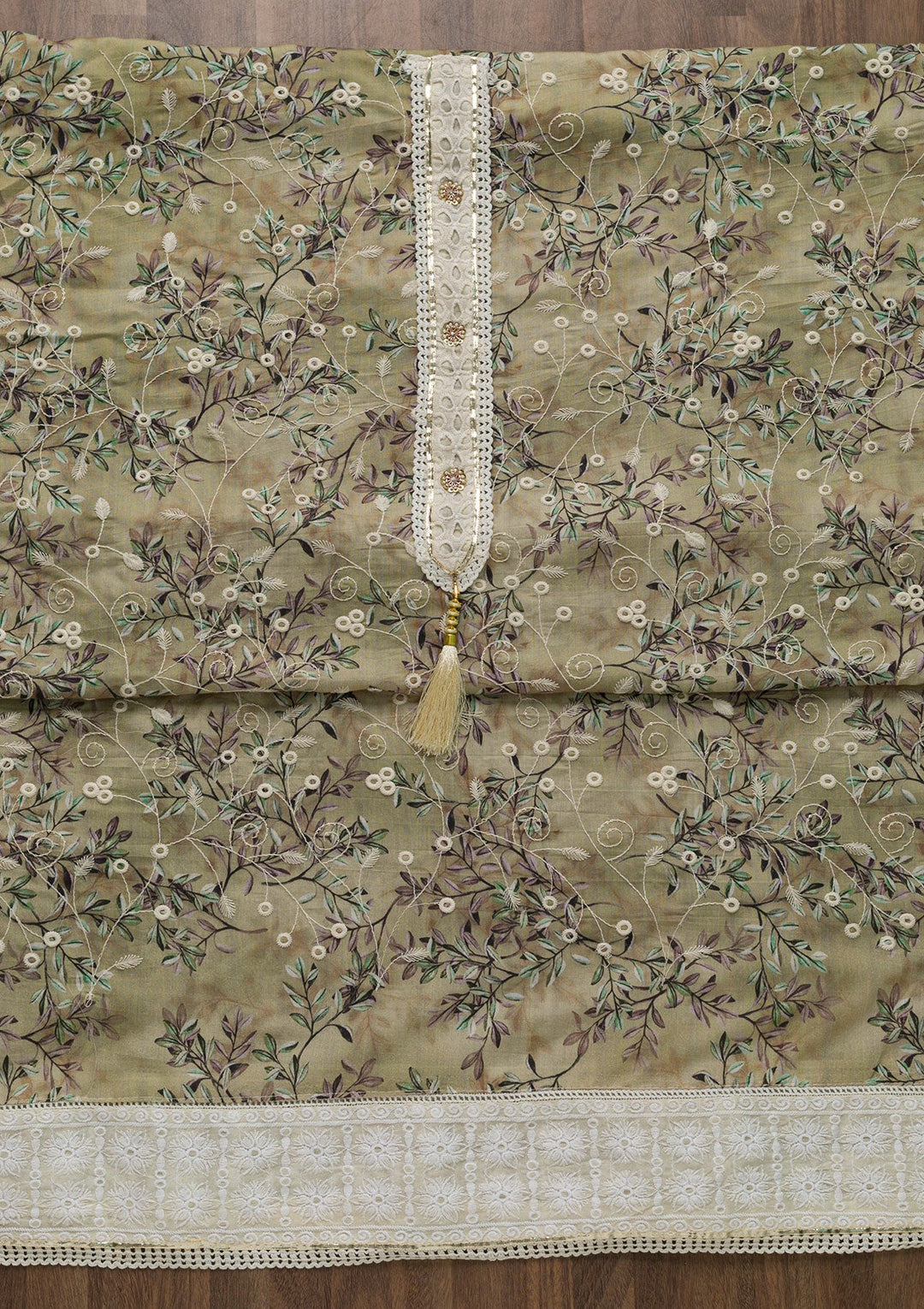 Pista Green Threadwork Chiffon Unstitched Salwar Suit-Koskii