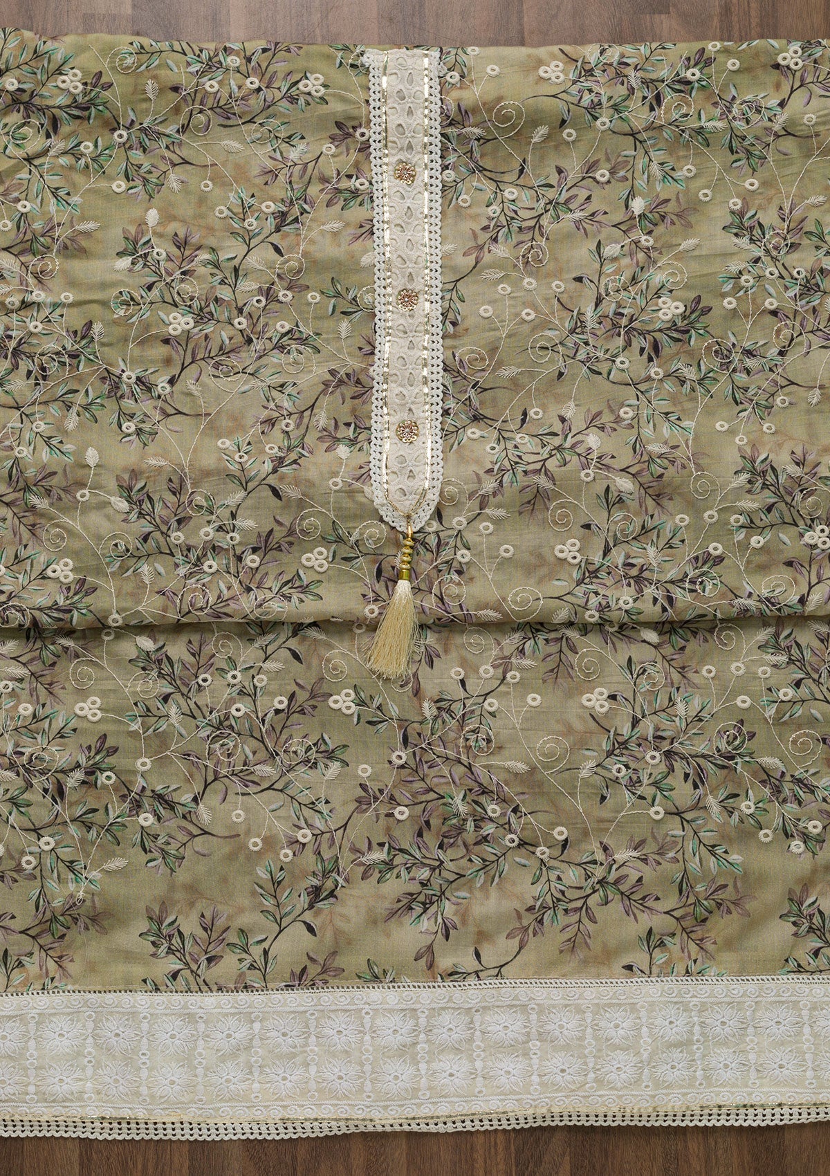 Pista Green Threadwork Chiffon Unstitched Salwar Suit-Koskii